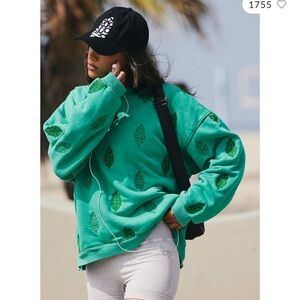 Free People Teal Sweater with Leaf Pattern